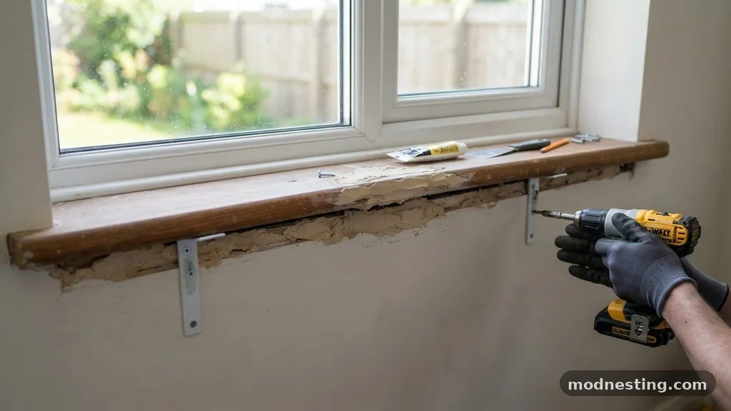 Addressing Gaps with Wood Filler - Window Sill Drooping: How to Support a Deep 6-Inch Stool with Small Brackets