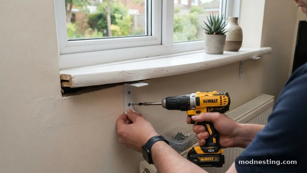 Installing the Brackets Correctly - Window Sill Drooping: How to Support a Deep 6-Inch Stool with Small Brackets